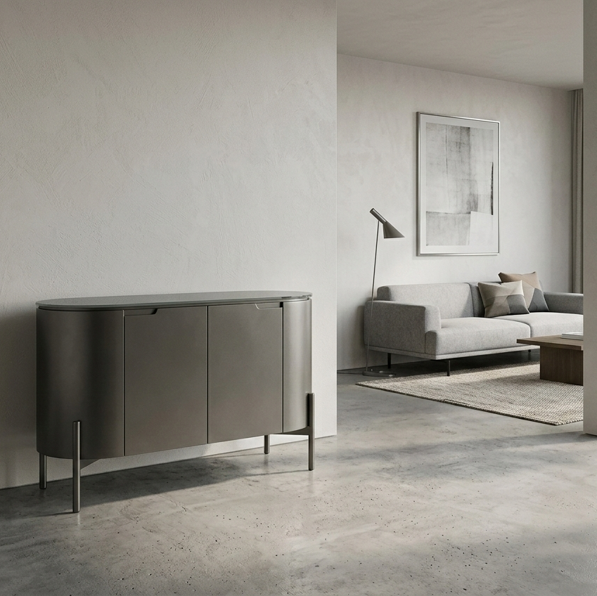Modern living room with a gray sofa, decorative plant, and a stylish cabinet.