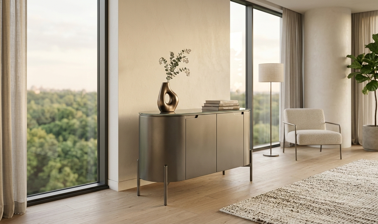 Modern living room with a sideboard, chair, and large windows.