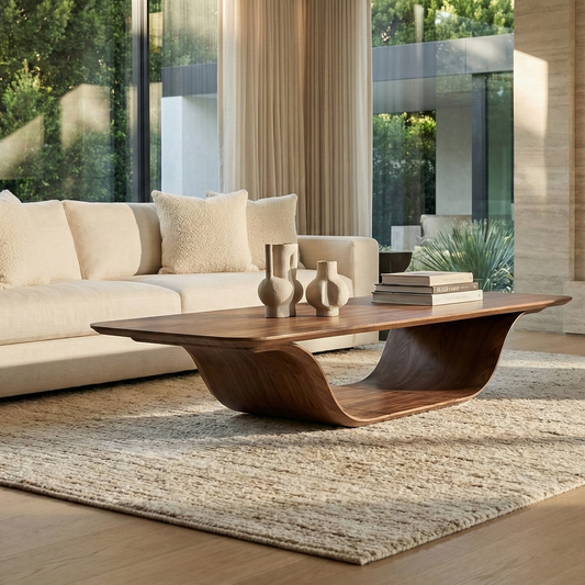 Modern living room with beige sofa, wooden coffee table, and large windows.