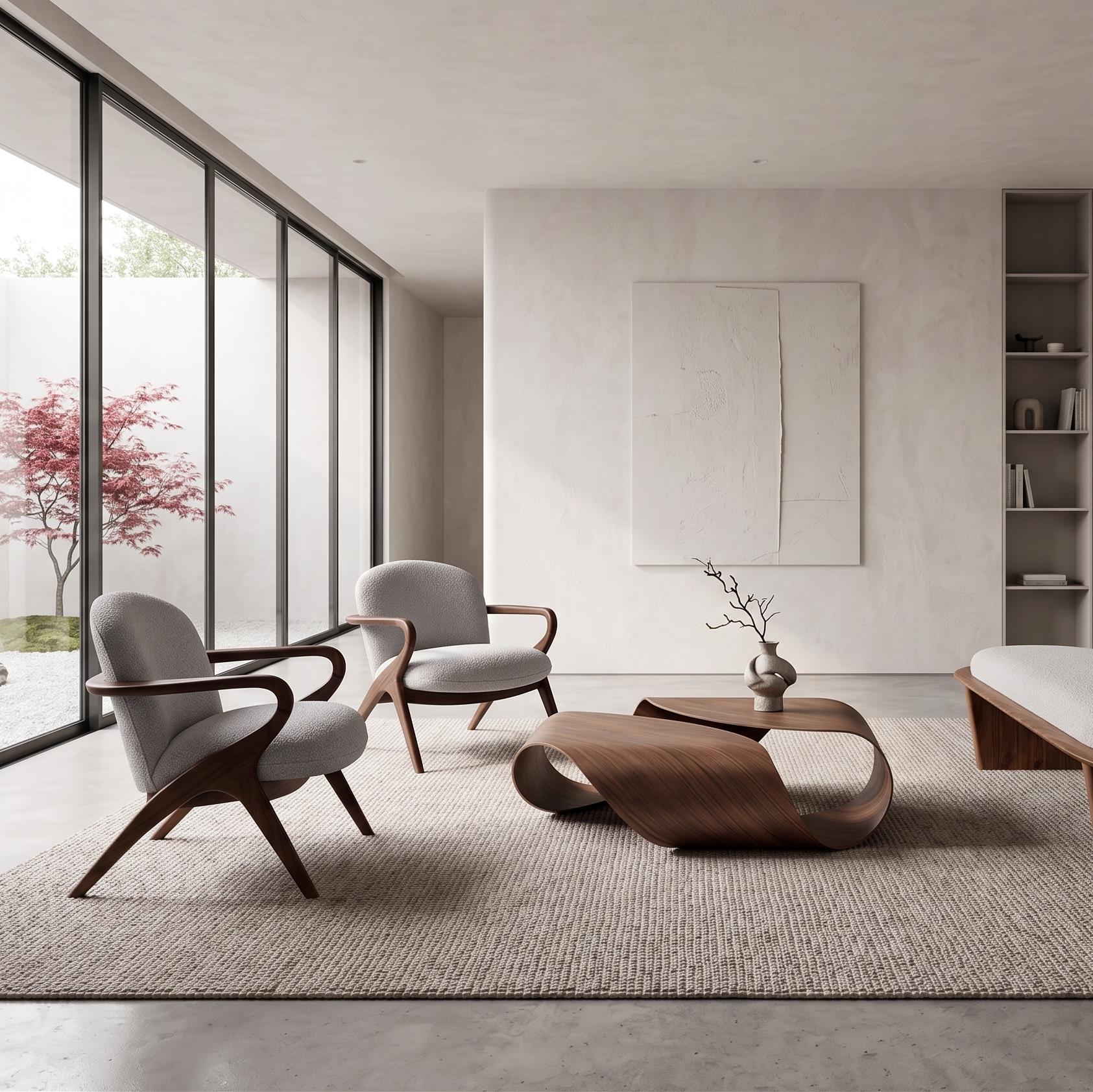 Modern living room with minimalistic furniture and large windows.