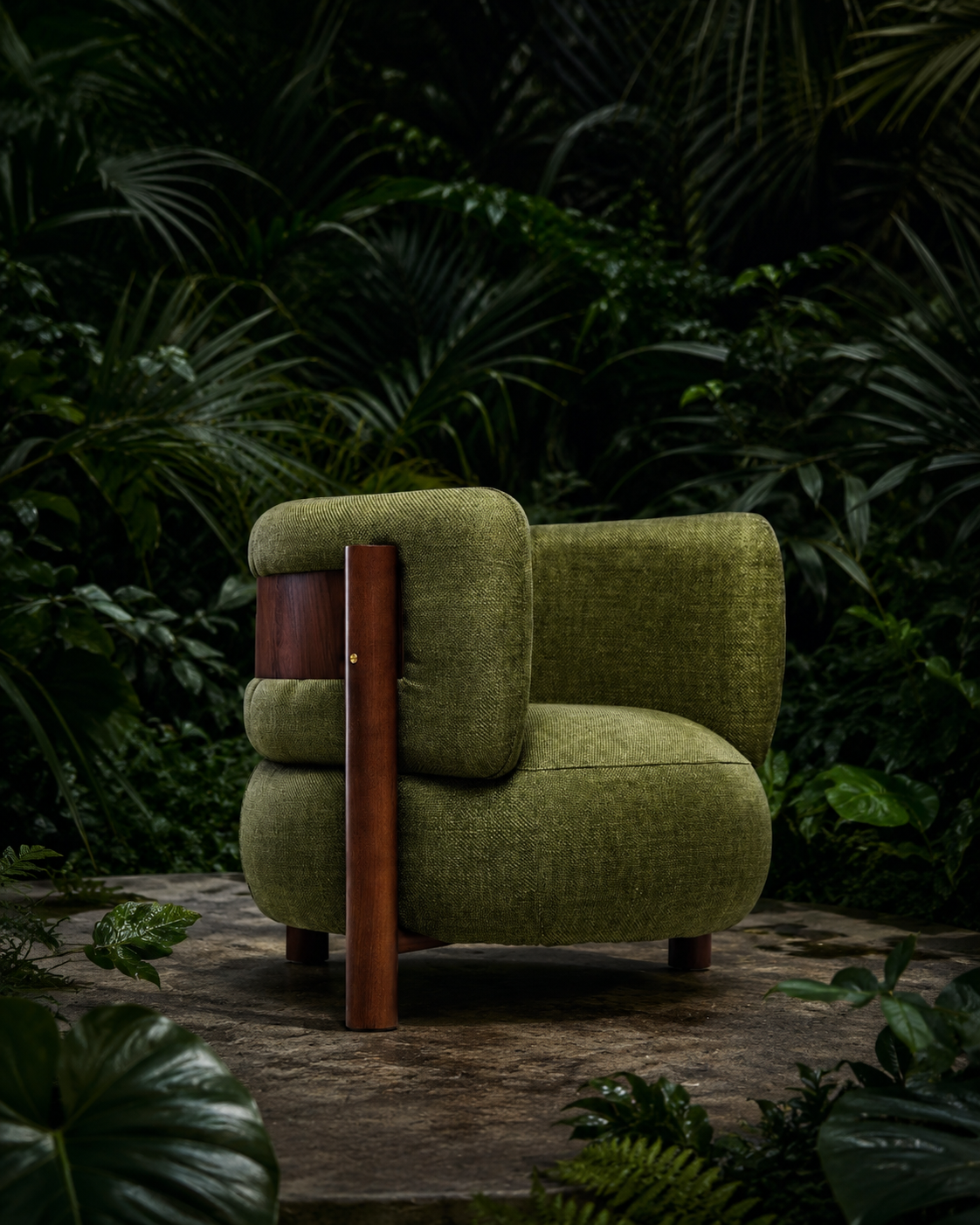Green armchair with wooden armrests in a jungle setting