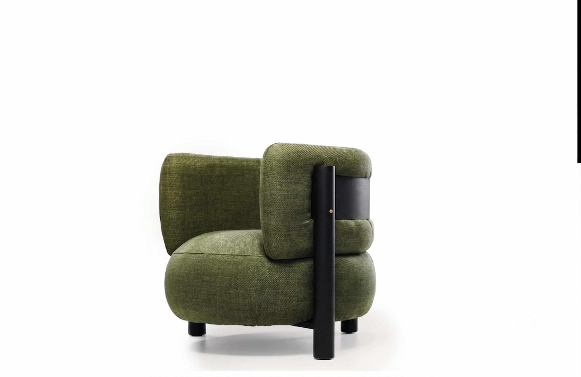 An olive green upholstered accent chair with a black cylindrical side table integrated into the backrest, set against a plain white background.