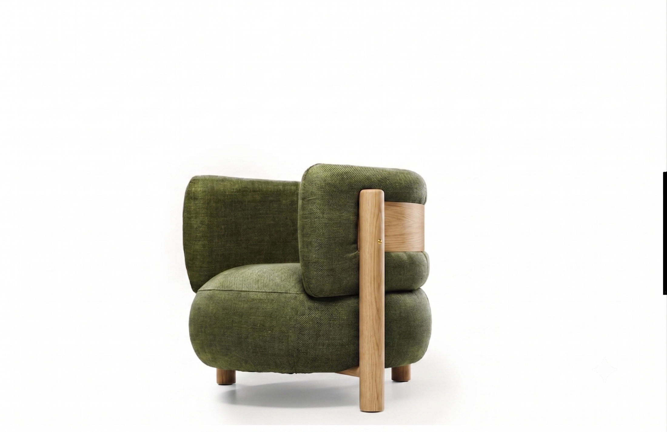 An olive green upholstered accent chair with a curved backrest, light wood legs, and a vertical wooden accent panel on the side, shown against a plain white background.