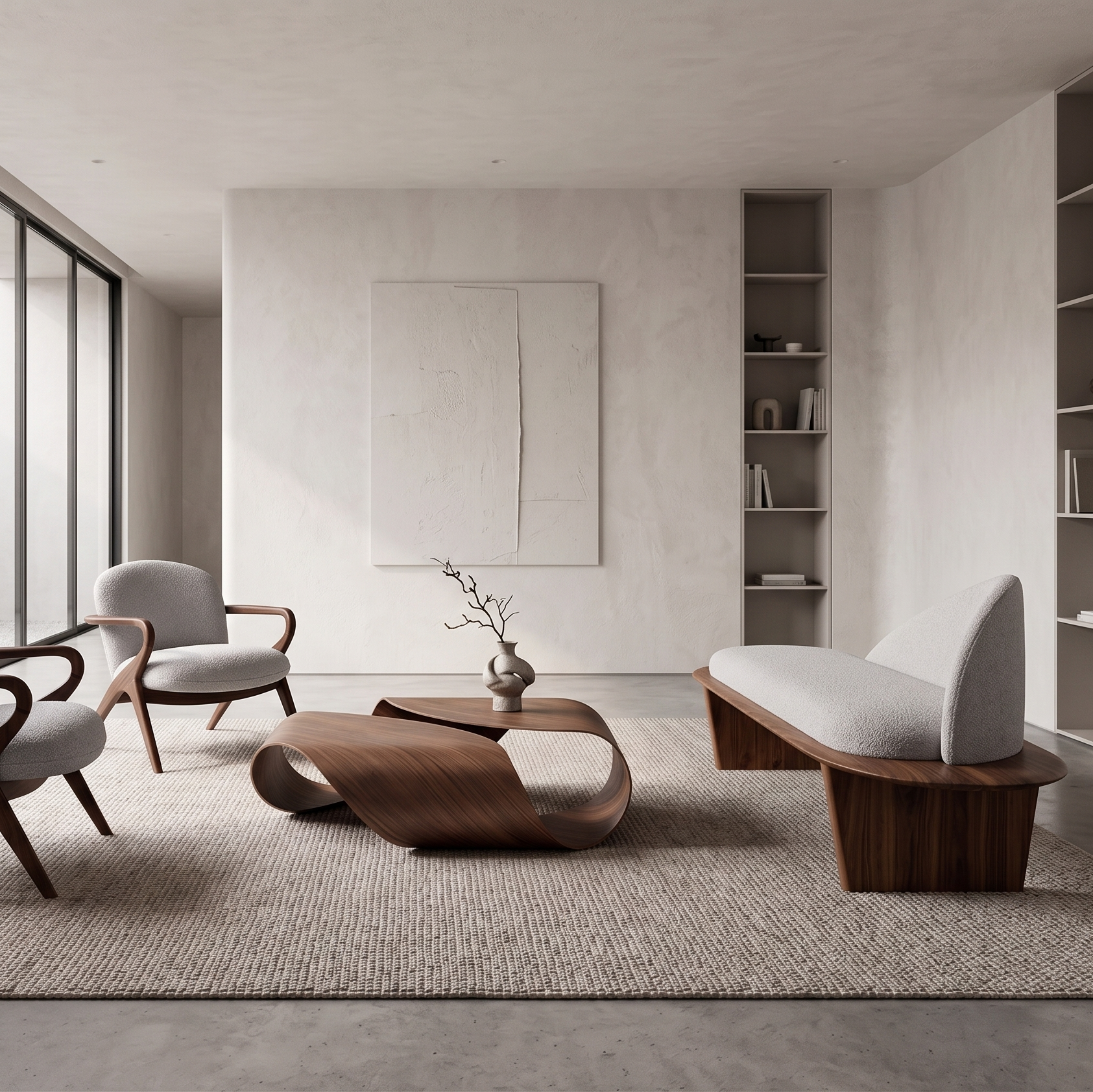 Modern living room with minimalistic furniture and large windows.