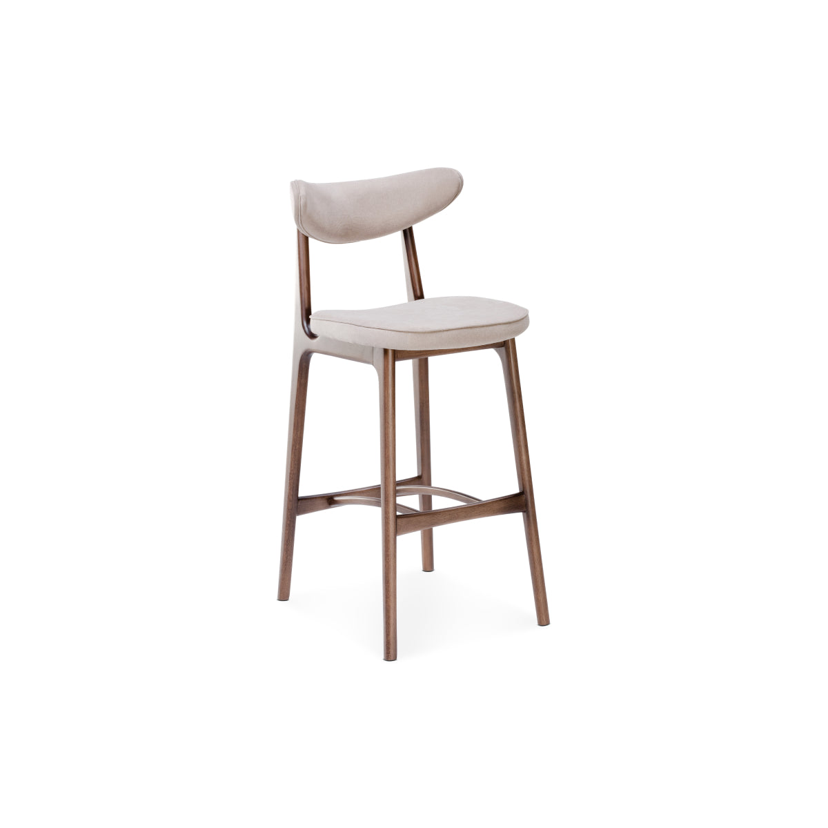 Bar stool with beige cushioned seat and backrest on a white background
