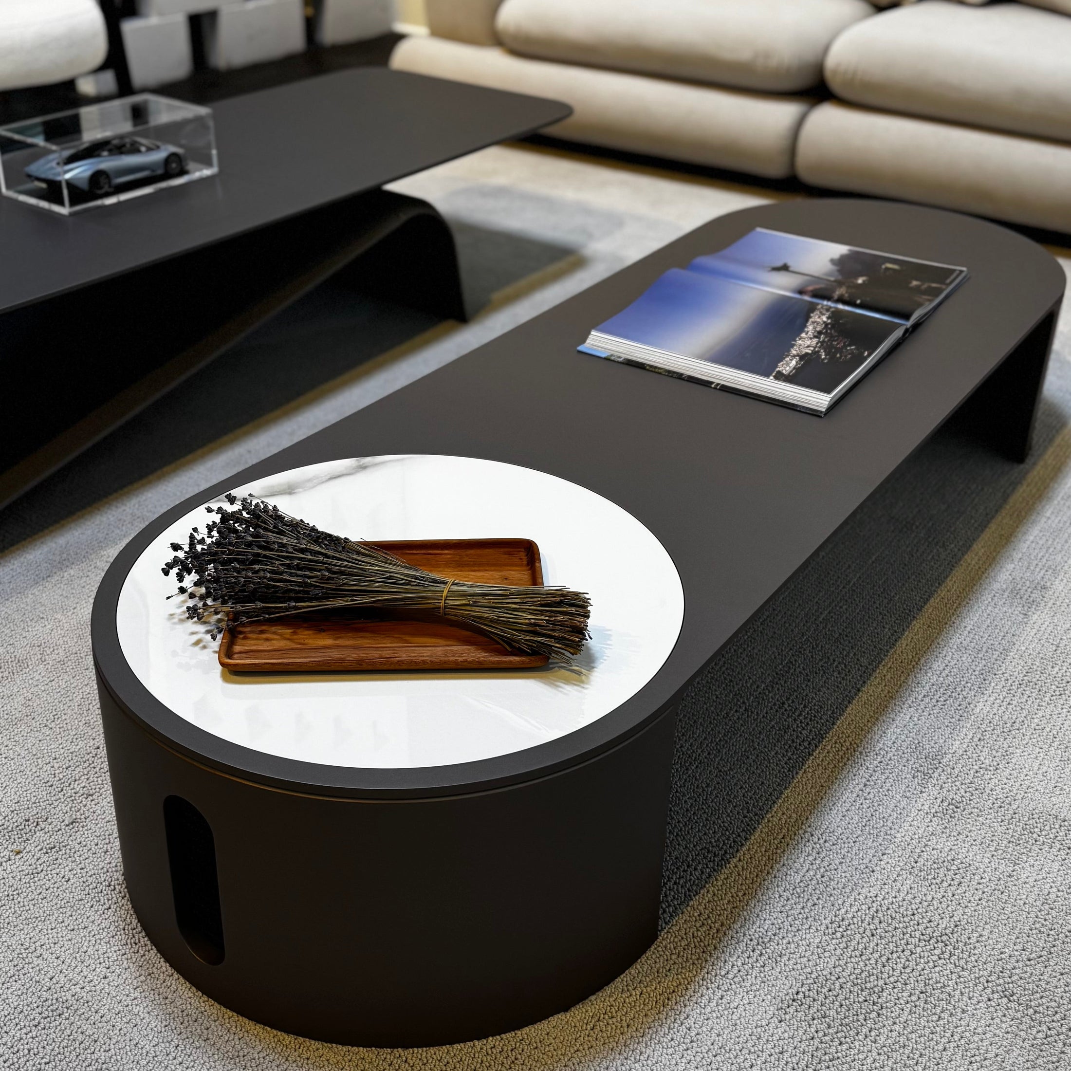 Modern living room with a black coffee table and white sofa.