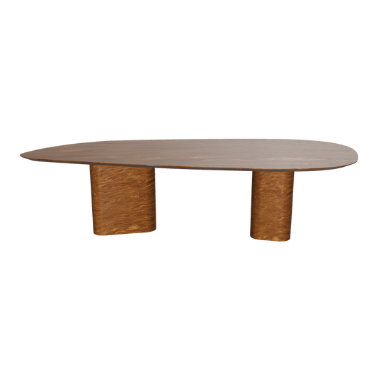 A contemporary design dining table with a smooth, oval-shaped wood tabletop, supported by two cylindrical legs.