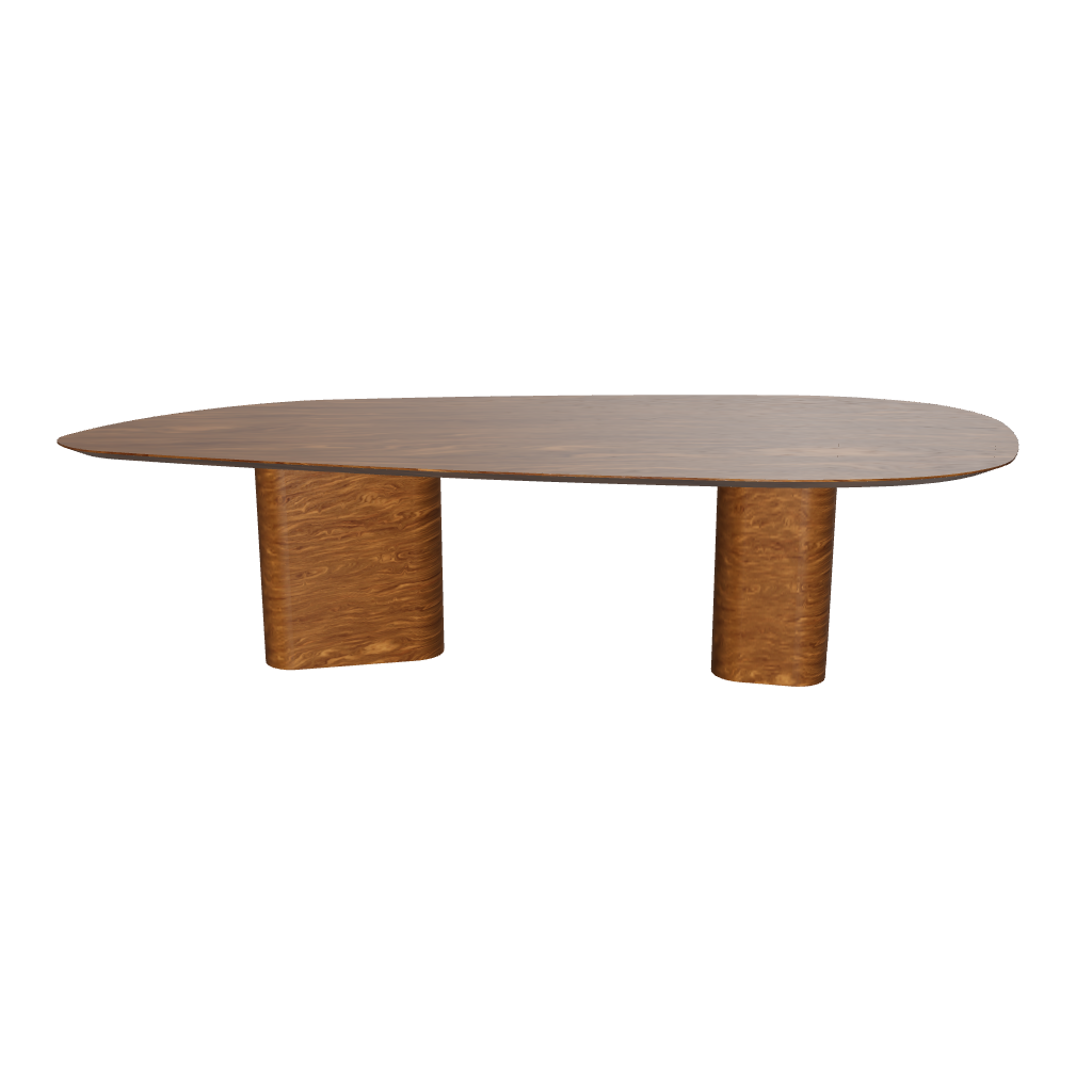 A contemporary design dining table with a smooth, oval-shaped wood tabletop, supported by two cylindrical legs.