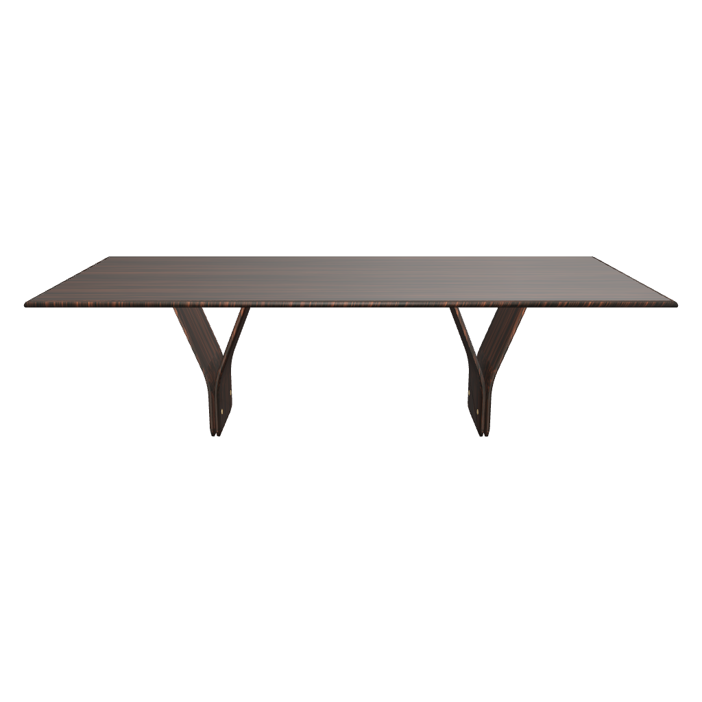 A rectangular dining table with natural walnut wood finish and a distinctive Y-shaped design in its legs, set against a white background.