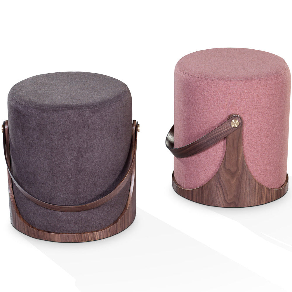 Two cylindrical ottomans with wooden bases on a white background