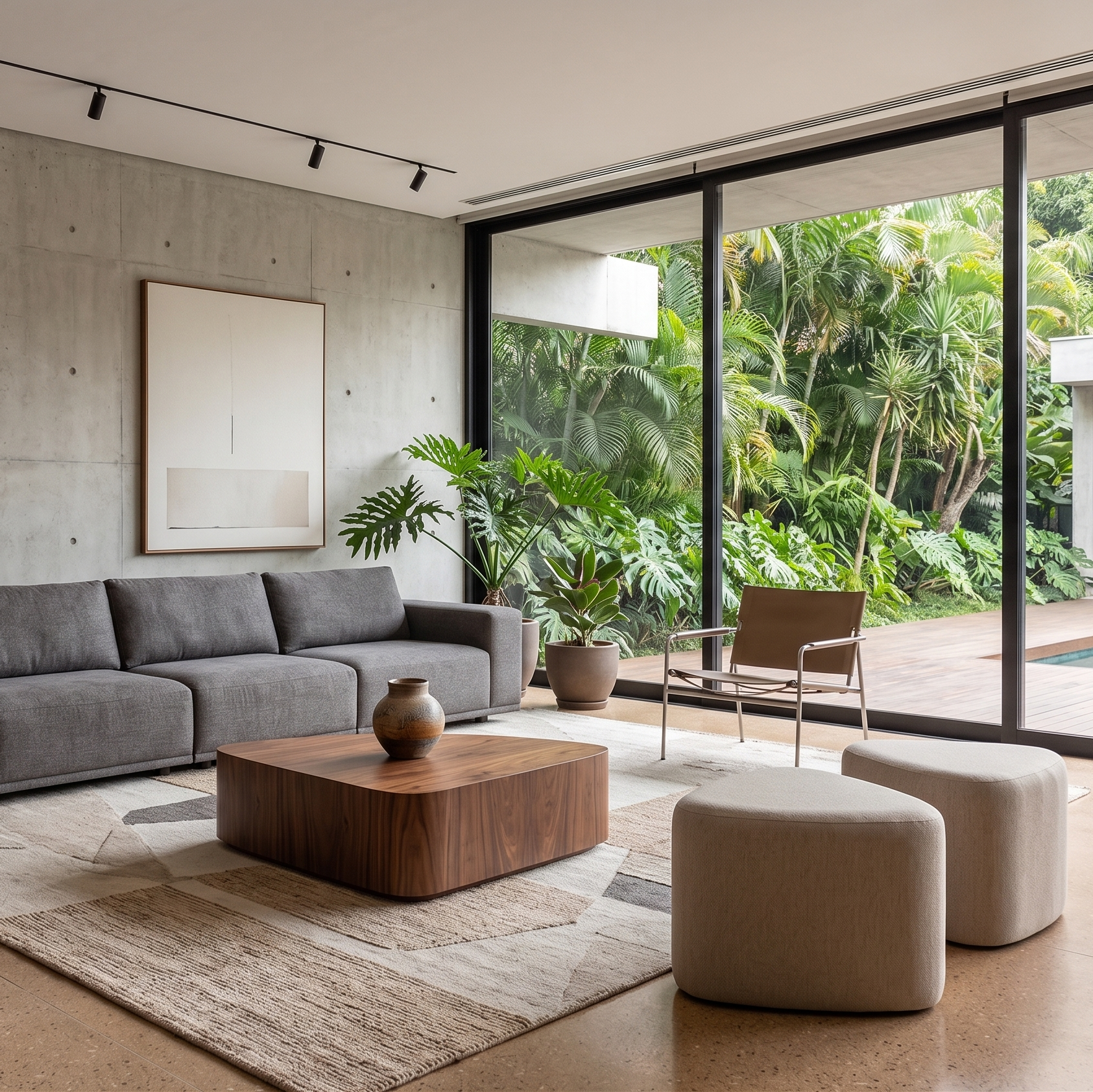Modern living room with gray sofa, wooden coffee table, and large windows overlooking a garden.
