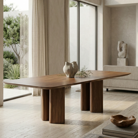 Modern living room with a wooden dining table and large windows.