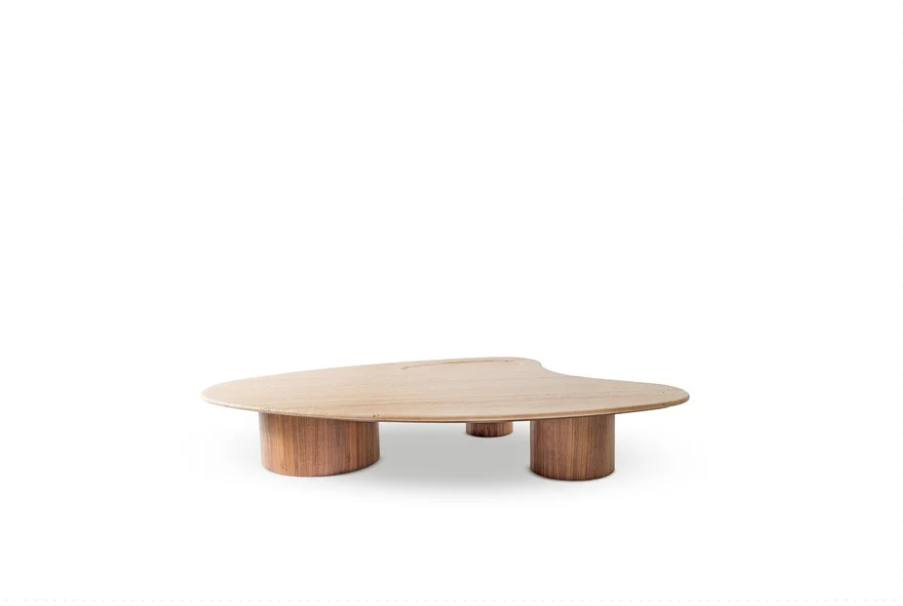 Wooden coffee table with a unique design on a white background