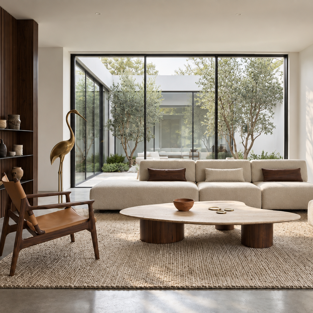 Sirius Coffee Table 63" in Roman Travertine top / Walnut Base