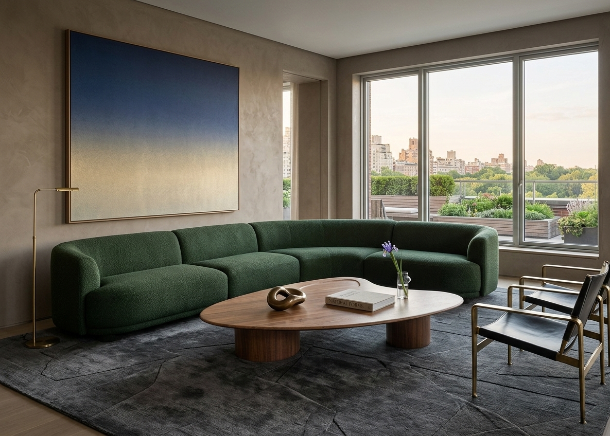 Modern living room with a green sectional sofa, wooden coffee table, and large windows.