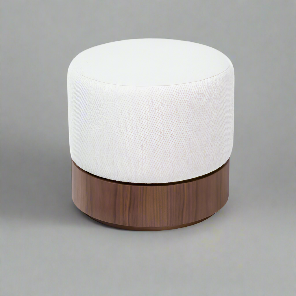 White cushioned ottoman with a wooden base on a white background