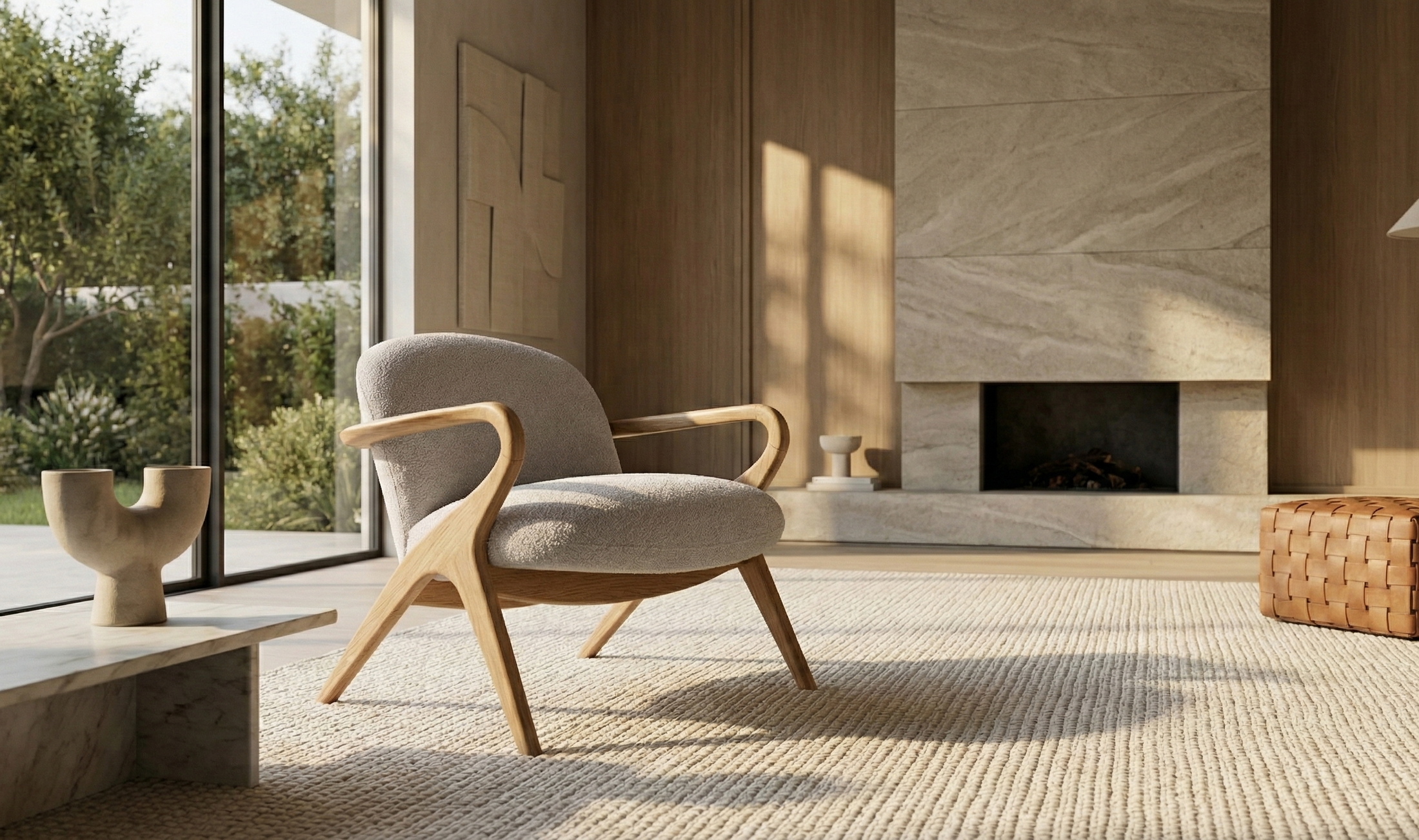 Modern living room with a gray armchair, fireplace, and large windows.
