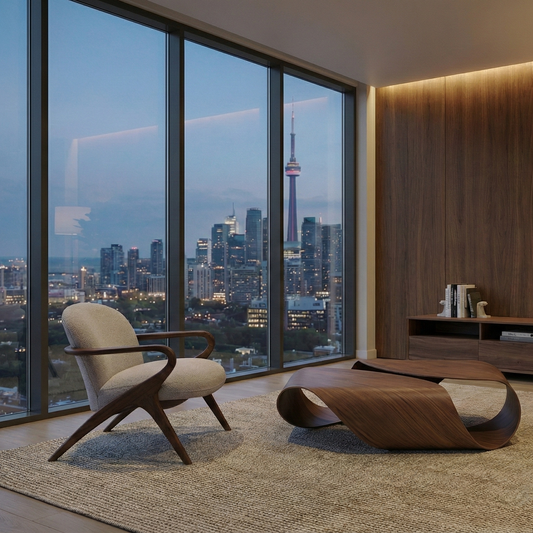 Modern living room with city skyline view