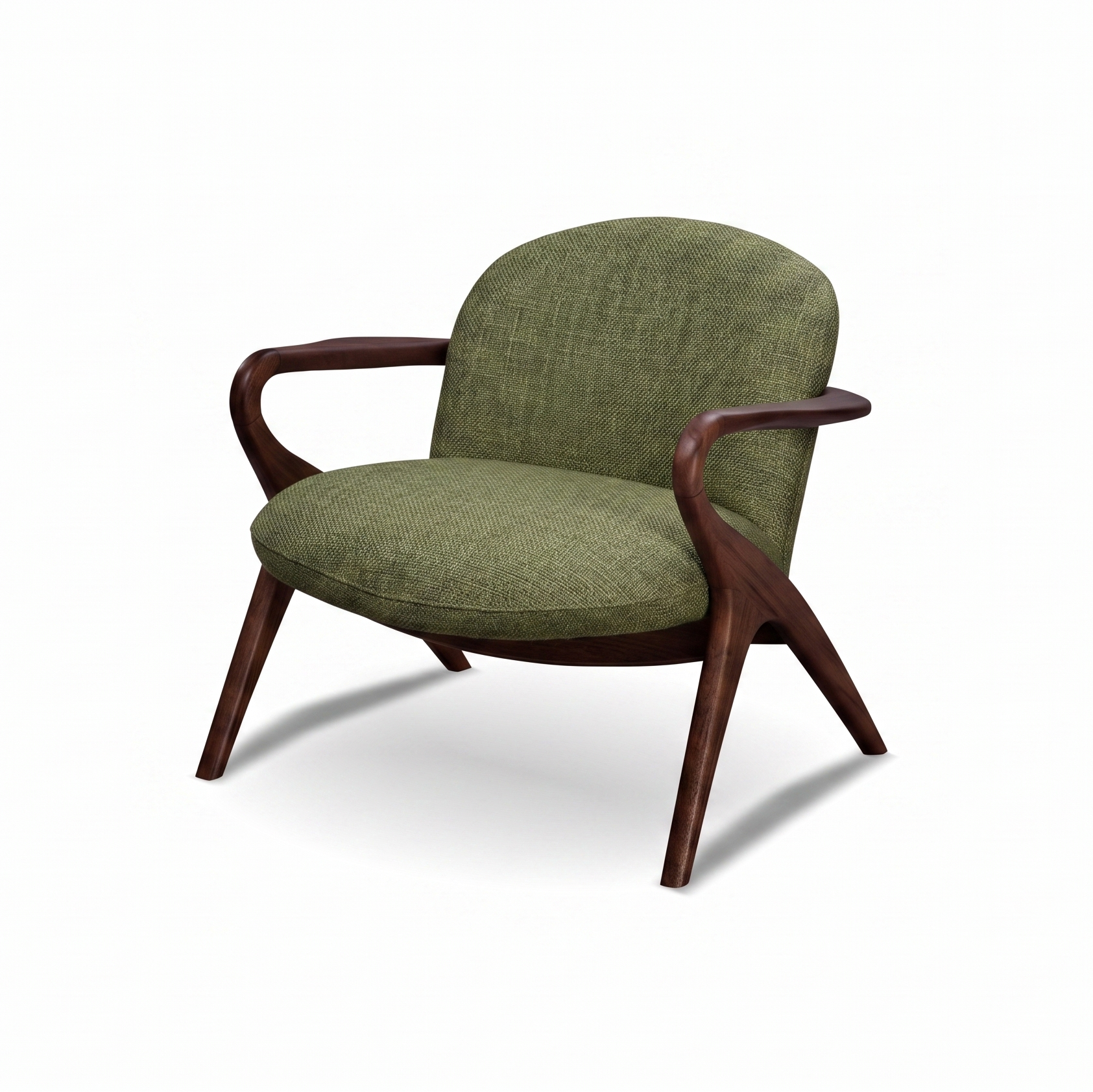 Green armchair with wooden arms and legs on a white background