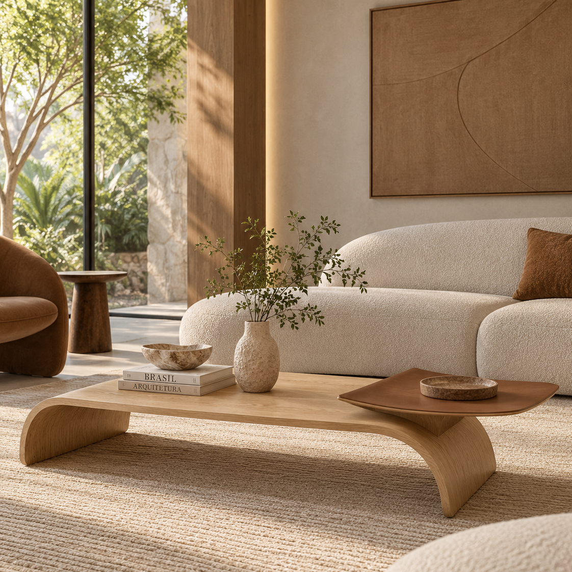A modern low wooden coffee table with a curved sculptural base, styled in a warm, minimalist living room with a cream boucle sofa, textured rug, and natural light.