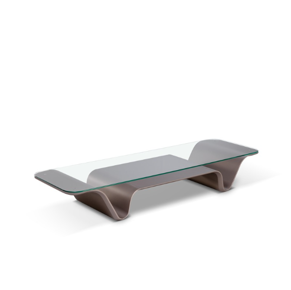 Modern glass coffee table with a wavy base on a white background