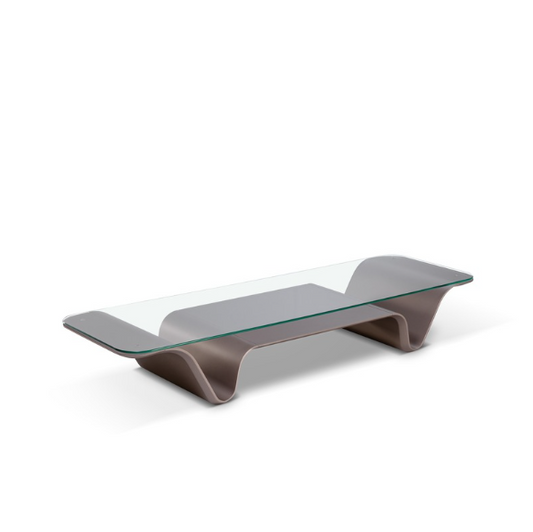 Modern glass coffee table with a wavy base on a white background