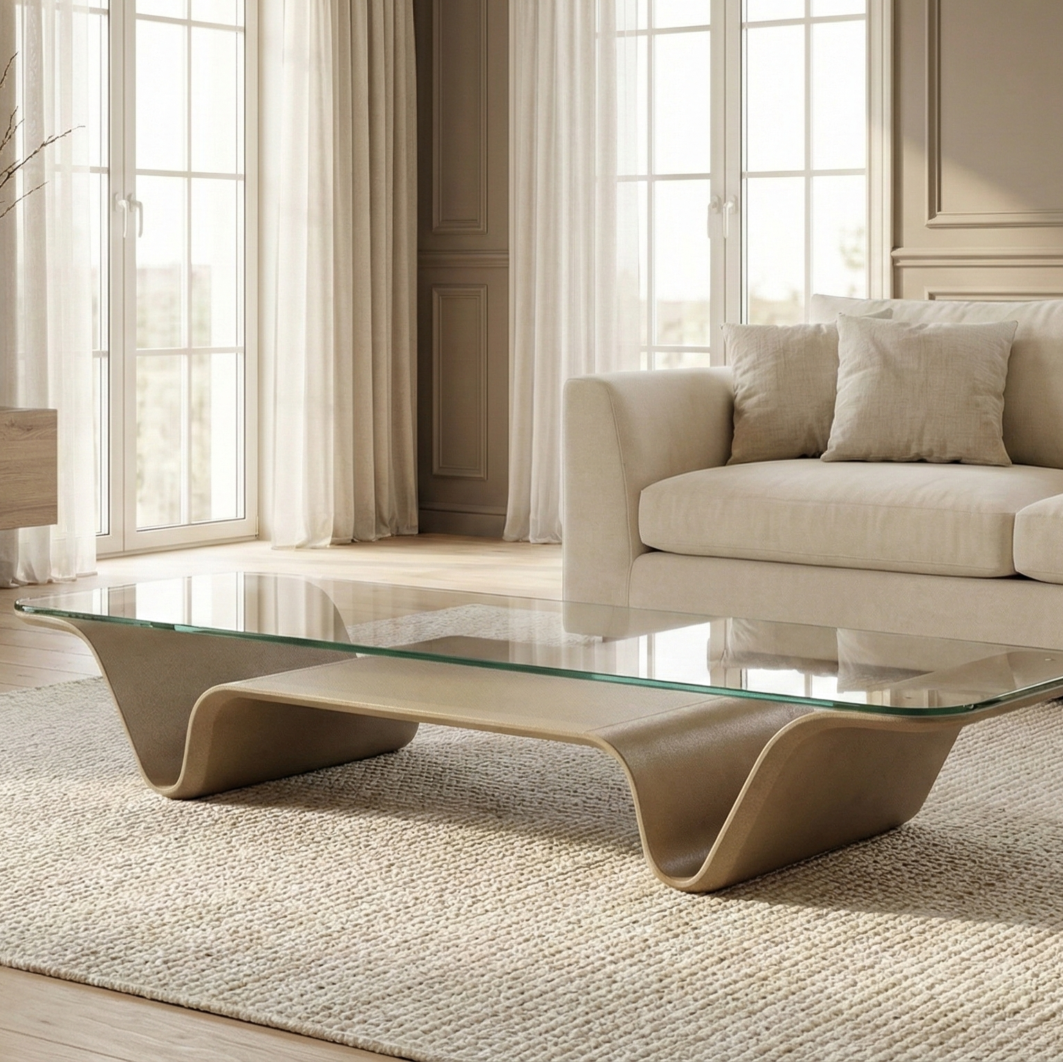 Modern living room with a glass coffee table, beige sofa, and large windows.