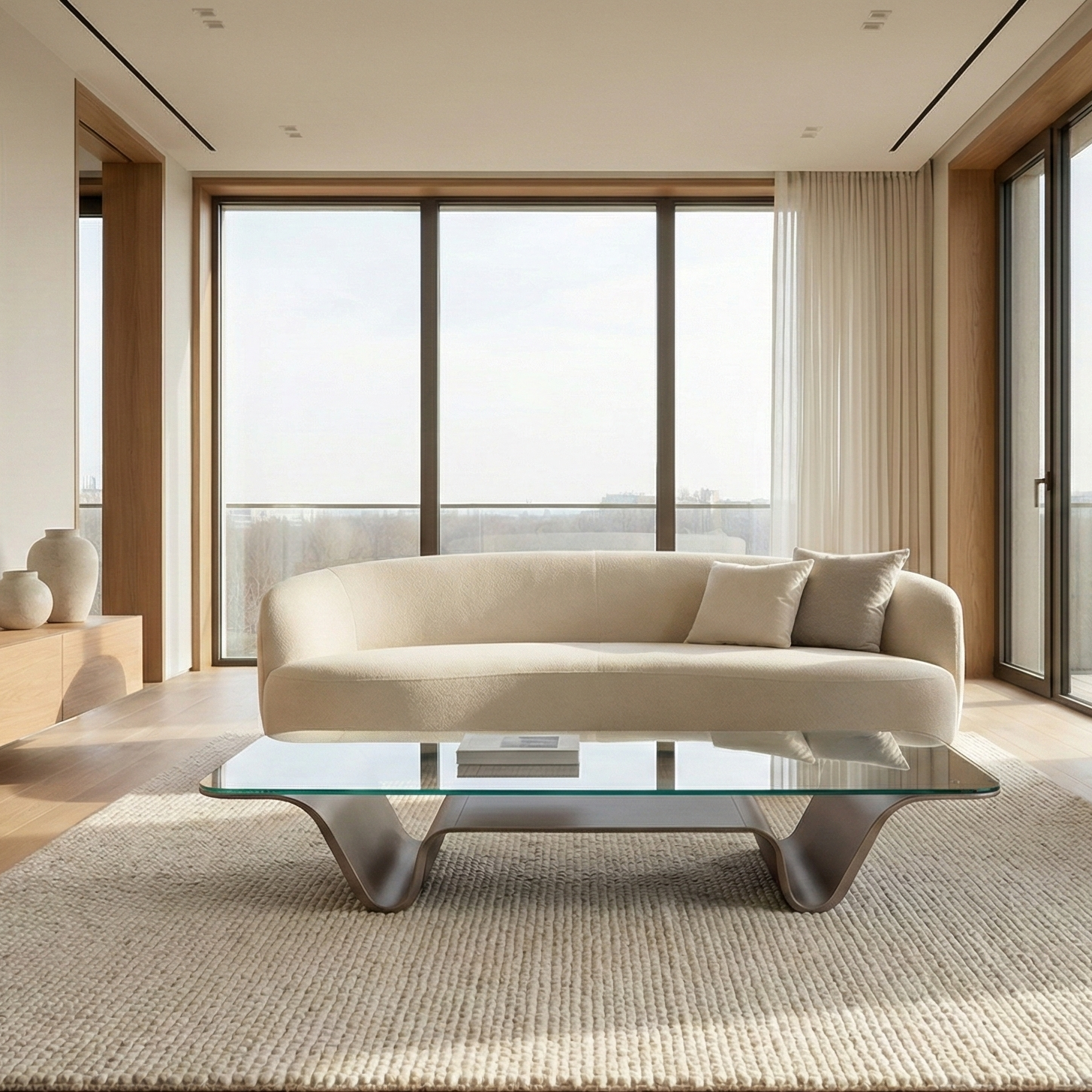 Modern living room with beige sofa, glass coffee table, and large windows.