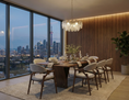 Load image into Gallery viewer, A modern dining room setup featuring a dark wood dining table and six upholstered chairs with a glass chandelier, set against a wood-paneled wall and large windows overlooking a city skyline at dusk.
