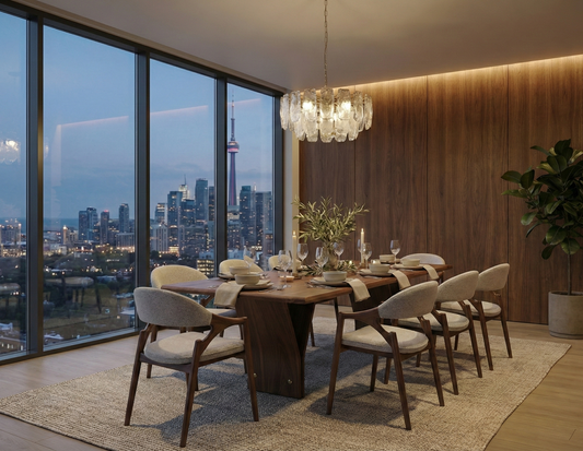 A modern dining room setup featuring a dark wood dining table and six upholstered chairs with a glass chandelier, set against a wood-paneled wall and large windows overlooking a city skyline at dusk.